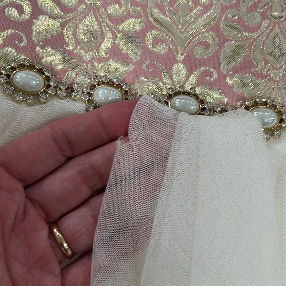 American Princess Pearls and Tulle Sparkle Fancy Dress Size 7 Pink/Cream/Gold